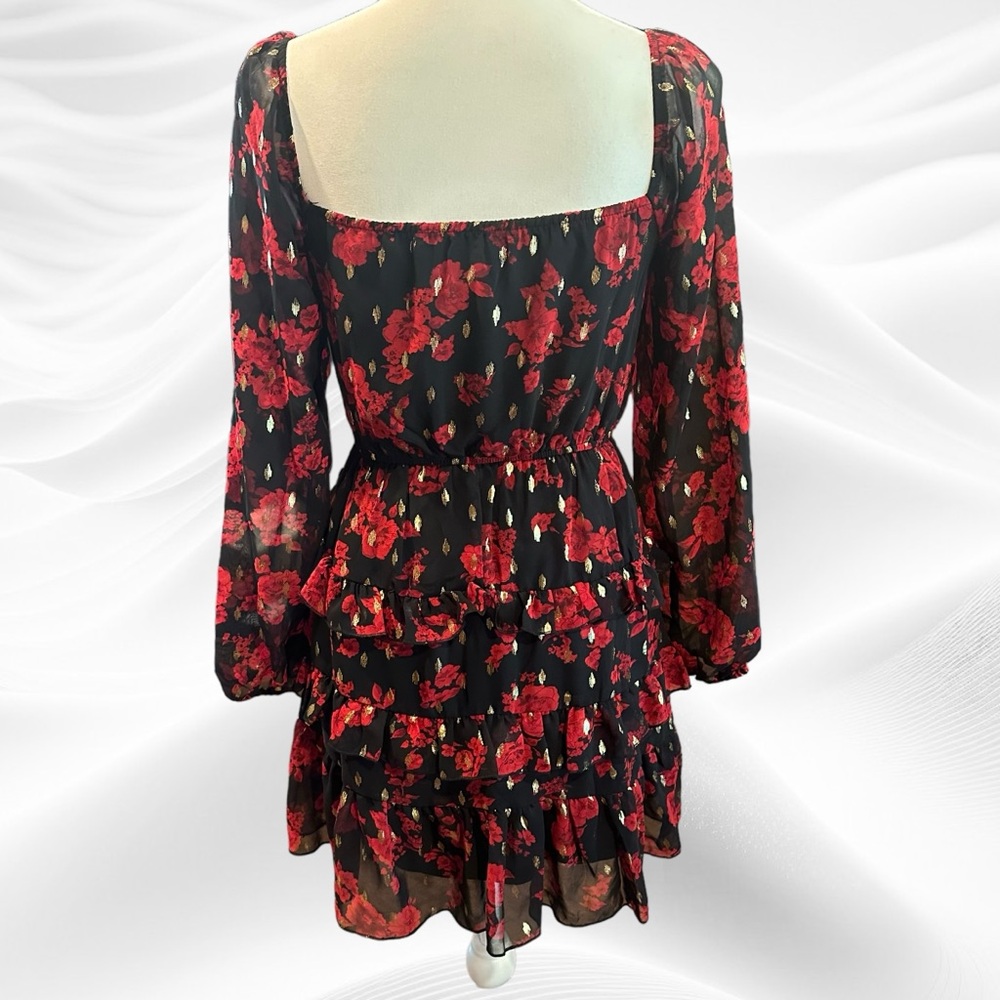 City Studio Womens Juniors Red Black Gold Floral Print Square Neck Dress Small - Picture 5 of 9